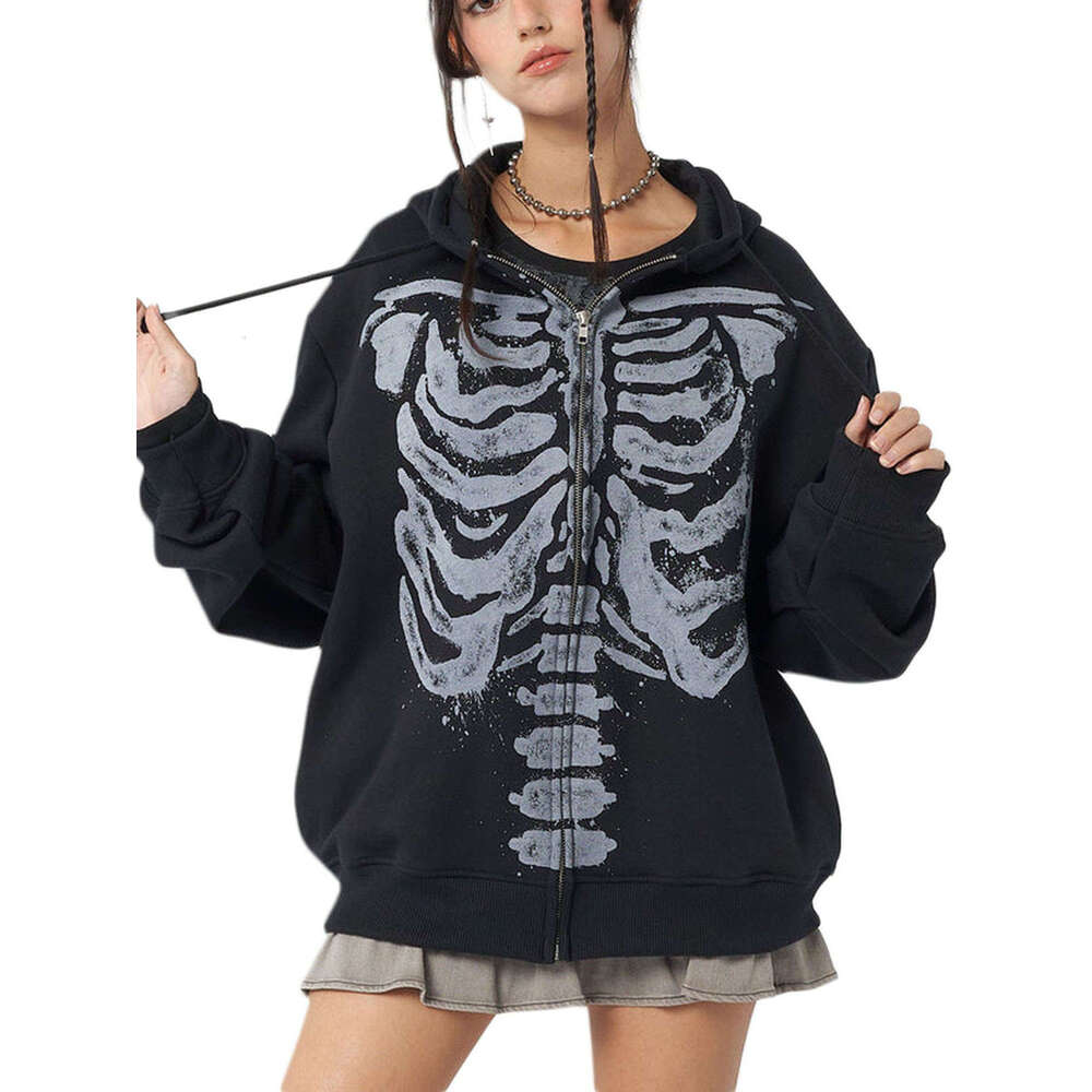 Women's Spring Autumn Hooded Coat Black Fashion Long Sleeve Skull Print Zipper Women's Hoodie
