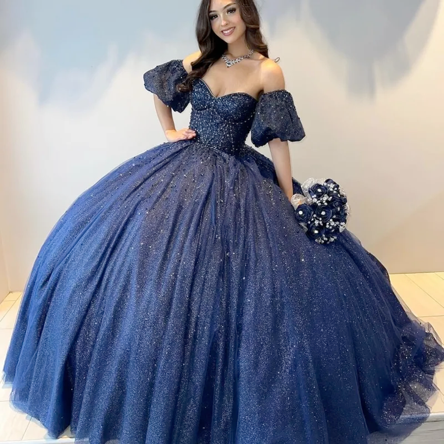 Sexy Sweetheart Navy Blue Shiny Quinceanera Dresses Short Sleeves Beads Vestidos De 15 Anos Court Train Birthday Party Gowns