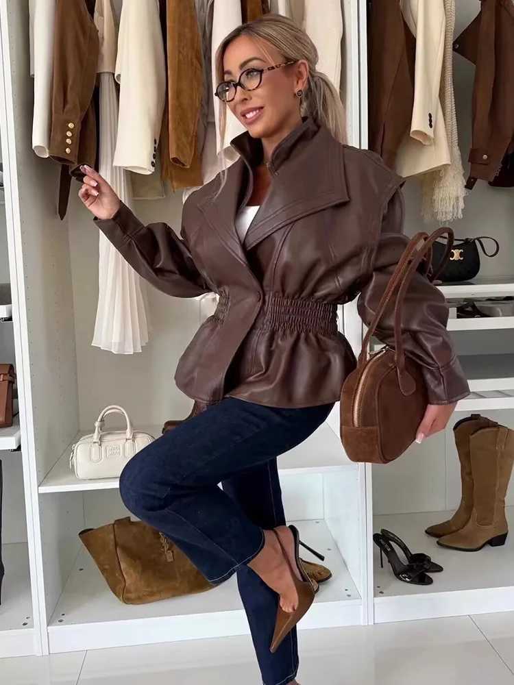 Autumn Winter Womens High Colar Pu Leather Jacket Retro Loose Sleeve Fashion Zipper Coat High Street Elastic Waist StreetwearT251017