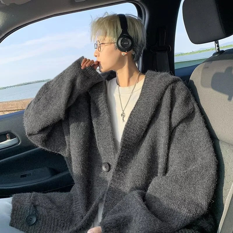 Winter Gray Woollen Knitted Cardigan Hooded Sweater Mens Pockets College Fashion Knitwear Jacket Y2K Vintage Jumpers Hombre 251017