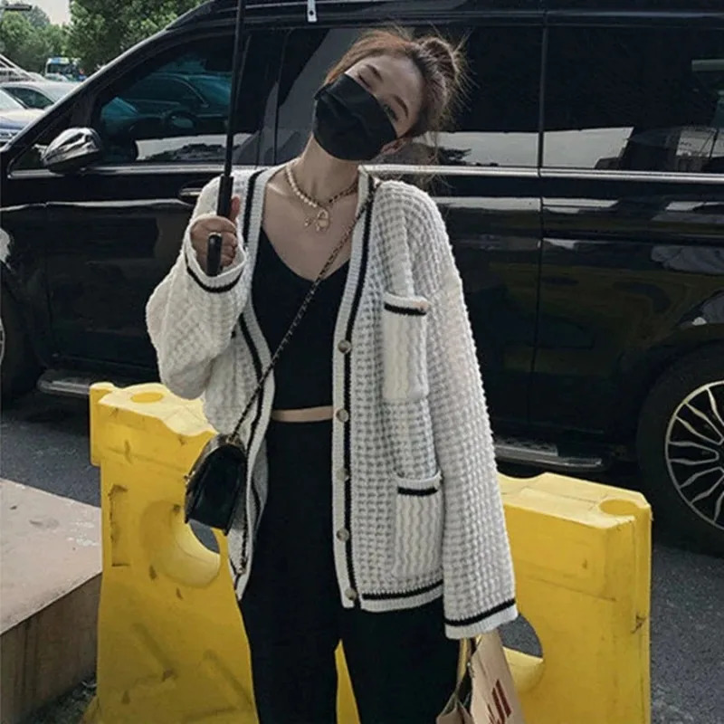 Fashion Vneck Loose Fit Color Blocked Long Sleeve Womens Knitted Coat Spring Autumn Versatile Lazy Style Casual Lady Cardigan 251013