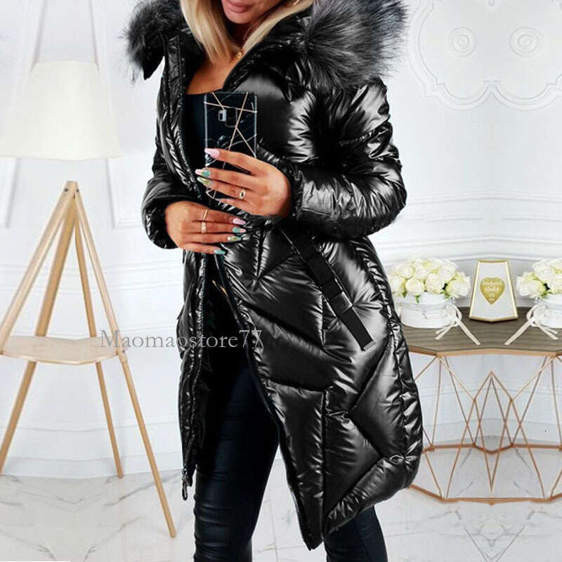 Women's Glossy PU Fur Collar Slim Cotton-Padded Long Sleeve Zipper Fashion Warm Women's Coat.