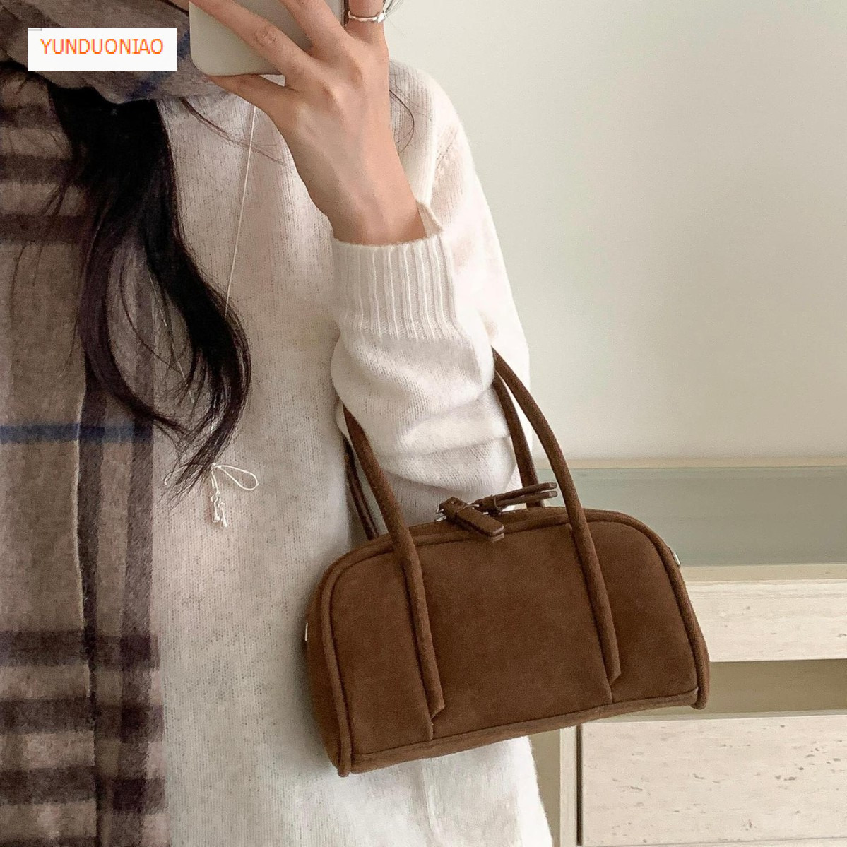 Autumn and winter suede Boston bag fashionable retro style luxury handbag new designer bag women's shoulder crossbody bag