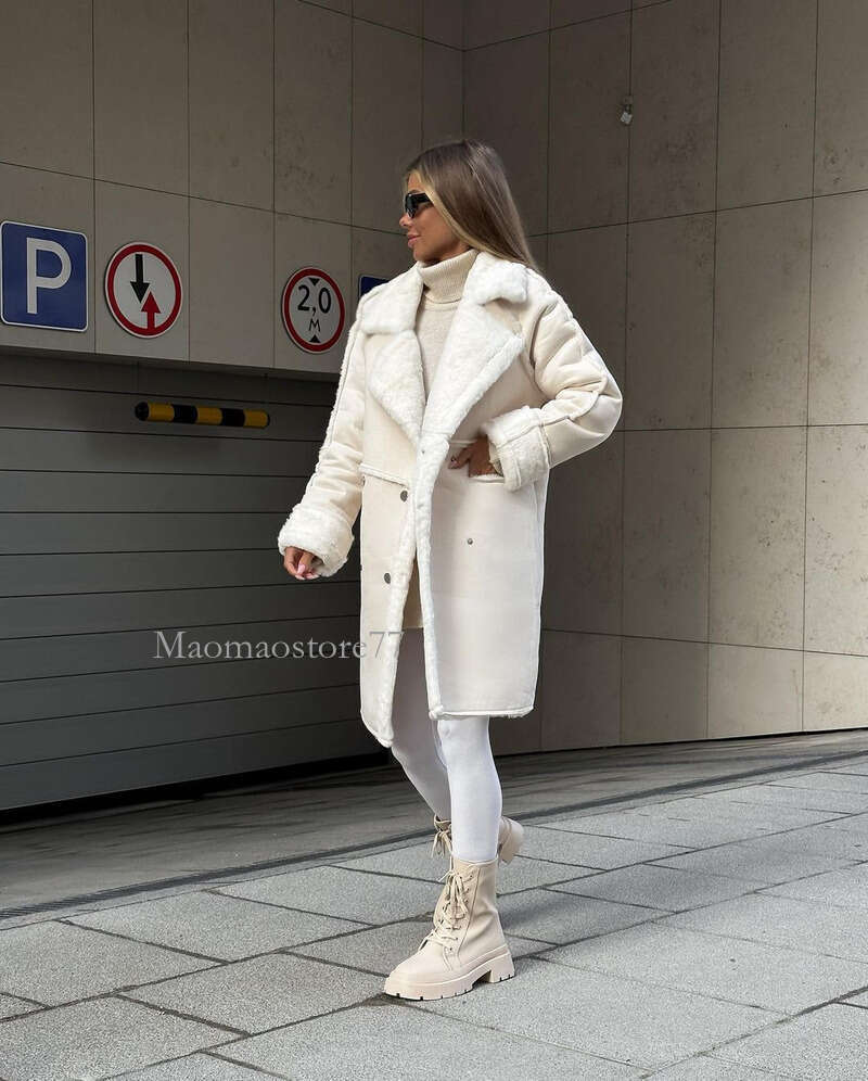 Winter Furry Suede Coat Suit Collar Cardigan Long Sleeve Plush Jacket coats designer women