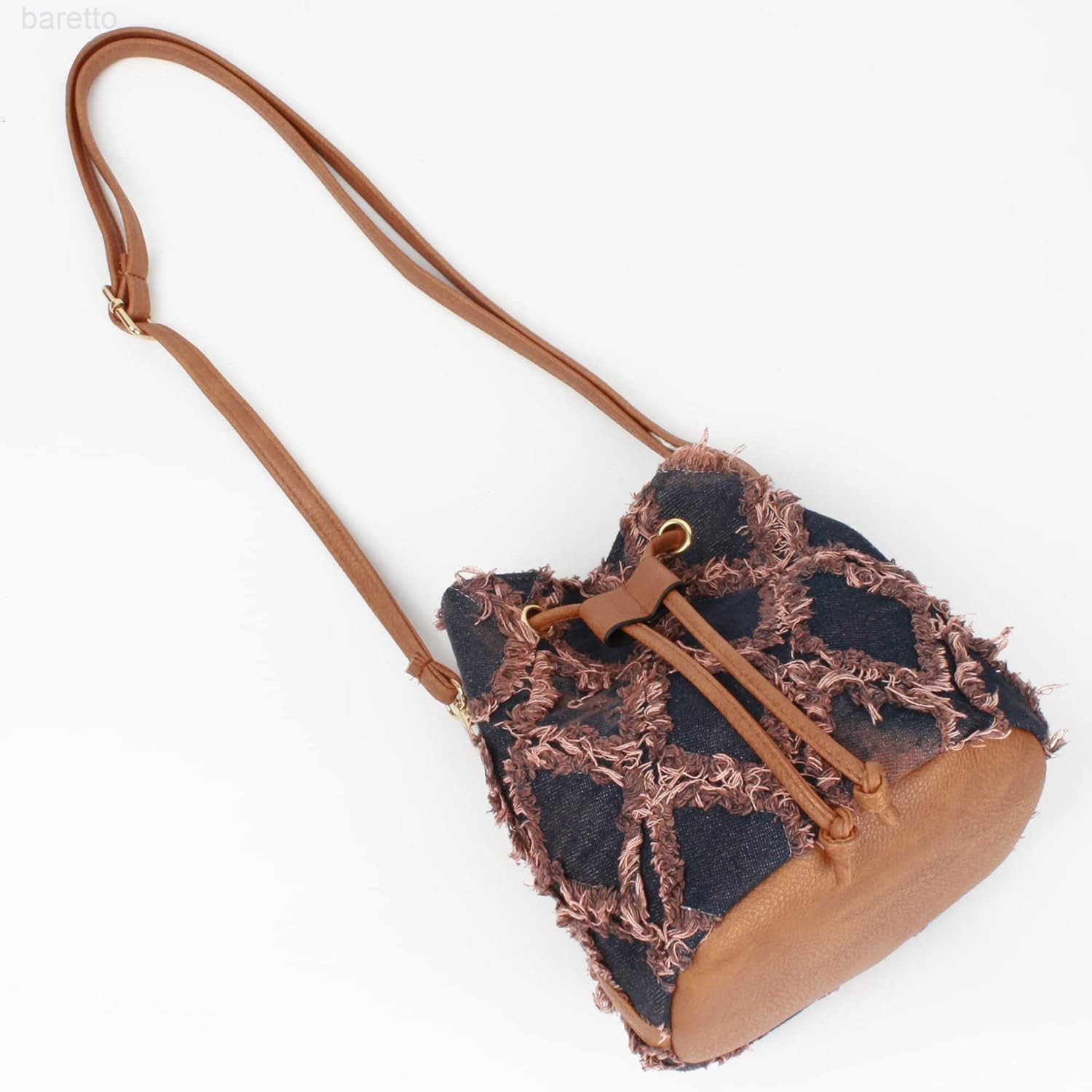 Women Denim Mini Bucket Shoulder Crossbody Bag Drawstring Quilted Distressed Tassel Barrel Shape Satchel Purse Z251016