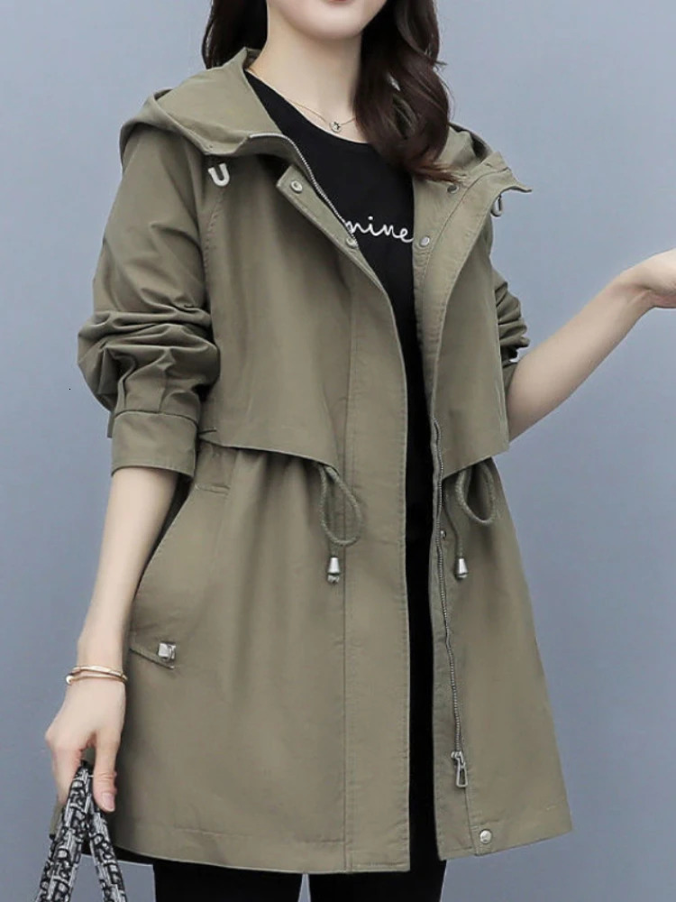 Spring and Autumn Womens Midlength Trench Coat Hooded Zipper Tiein Jackets British Style Loose Coats Womens Clothing 251013