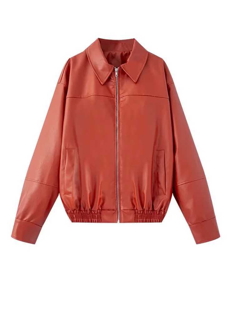 Vzvn Vintage Long Sleeve Lapel PU Leather Jacket Women Streetwear Solid Loose Zipper Coat 2025 New Autumn Winter Leather JacketT251017