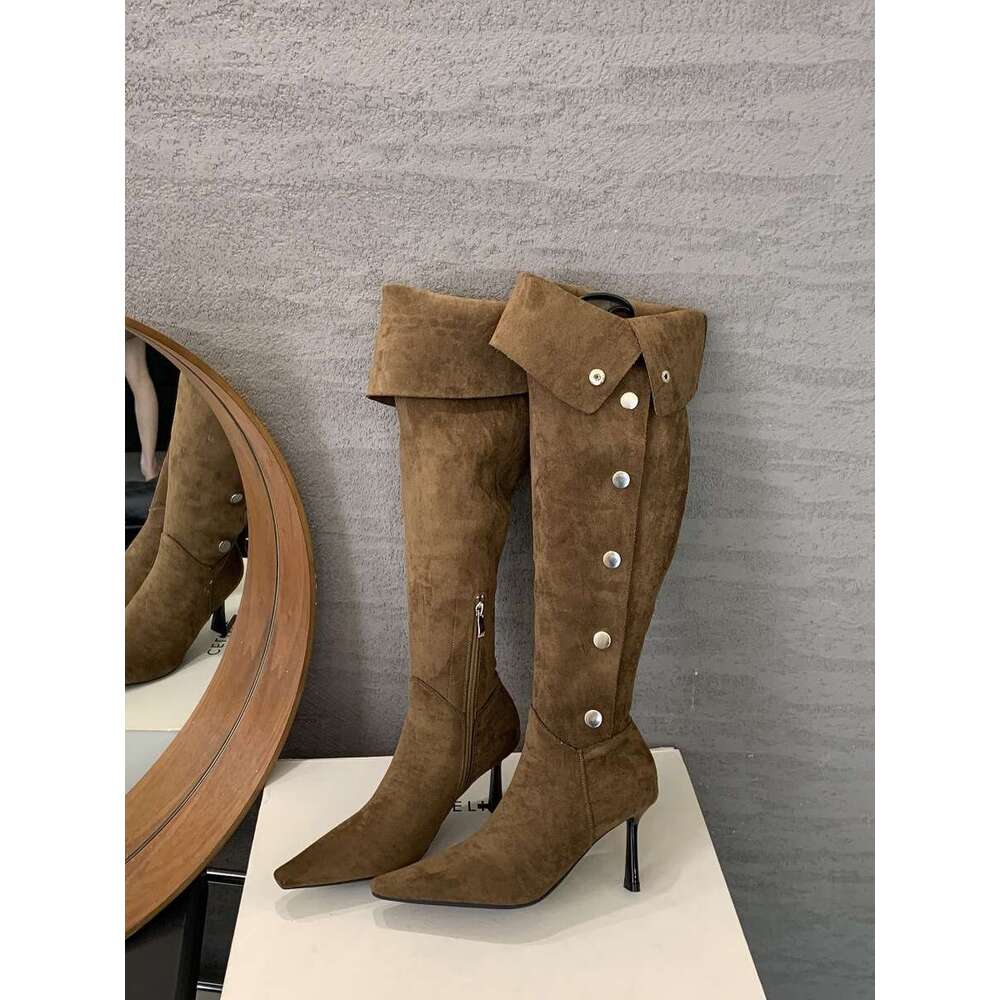 2025 French Style Women's Designer Shoe - Stacked Stiletto Heel Over-the-Knee Long Wrinkled Denim Riding Boots Casual & Chic