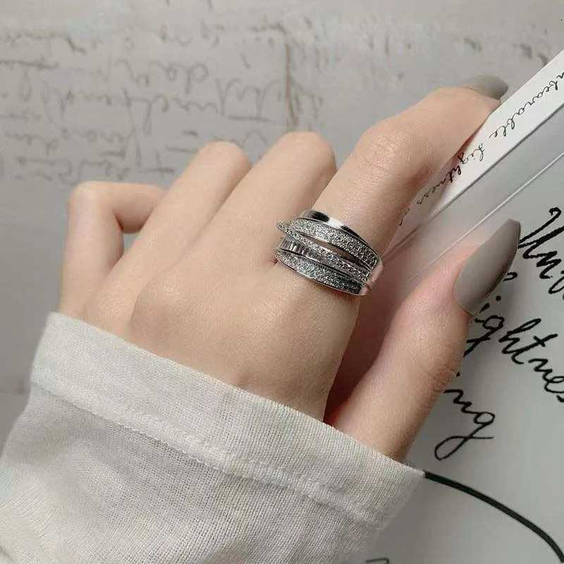 Korea Gold Color Multilayer Wide Open Rings For Women Luxury Shiny Zircon Cross Adjustable Finger Ring Wedding Jewelry Gift Z251017