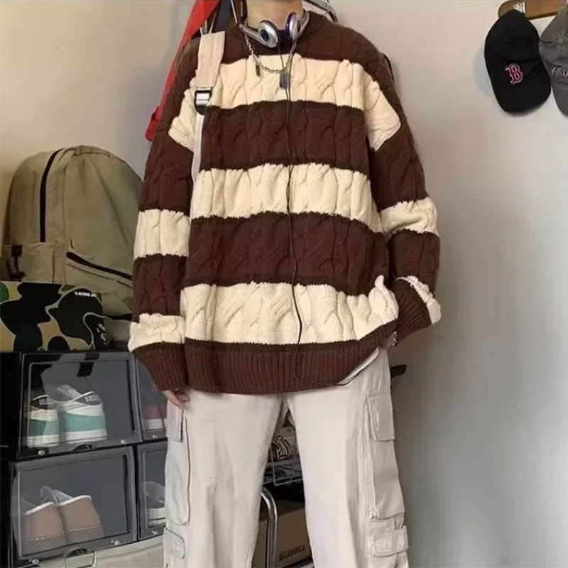 Patchwork Striped Crewneck Sweaters For Men Hip Hop Fashion Knitted Hombre Winter Y2K Vintage Pullovers Knitwear 251017