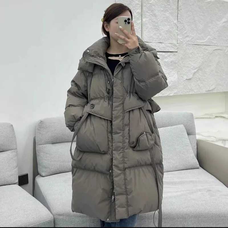 Winter New Down Coat Women Mid Length White Duck Down Windproof Hood Loose Warm Lacing Solid Coat Parkas W251016
