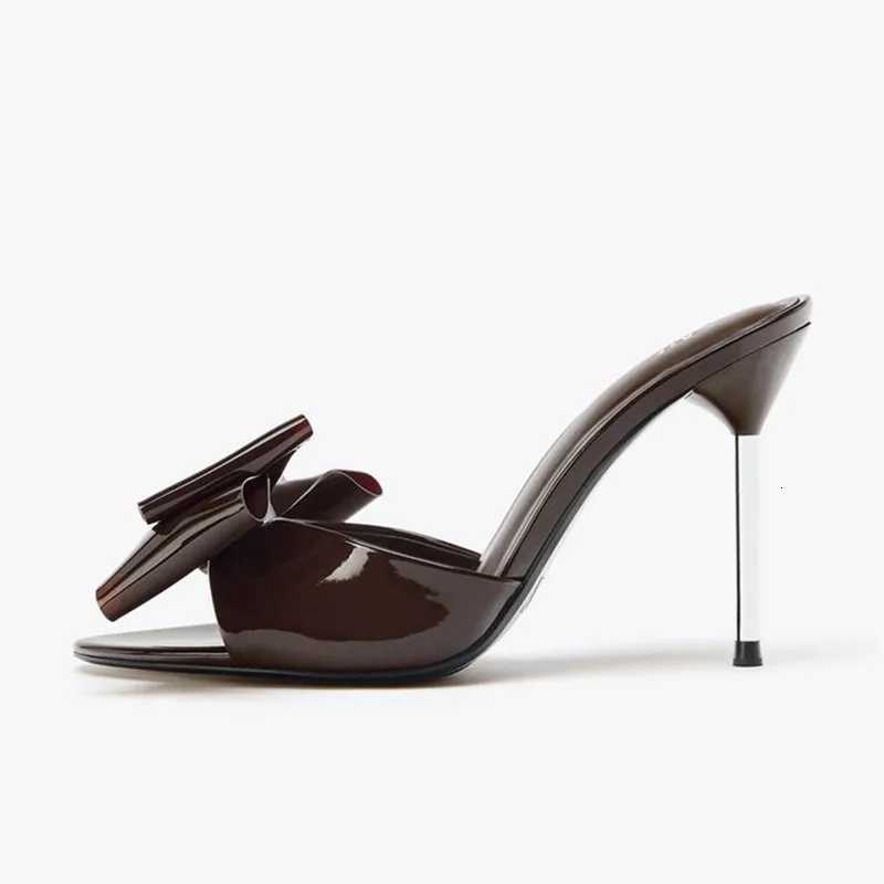 Sexy Peep Toe Thin Heeled Sandals Women Patent Leather Butterfly Knot Decoration Slippers Elegant Pointed Toe Party High Heels Z251015