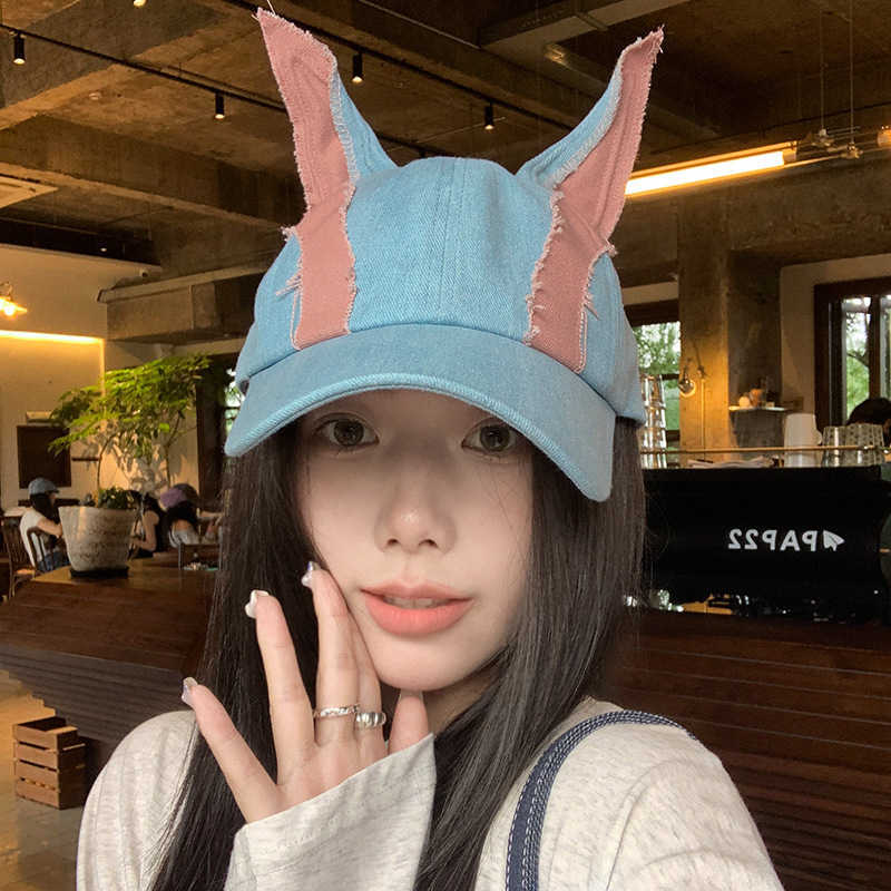 New Denim Color Block Doberman Ears Baseball Cap Niche Fashion Versatile Travel Trendy Cool Personality Duckbill Cap for Women W251017