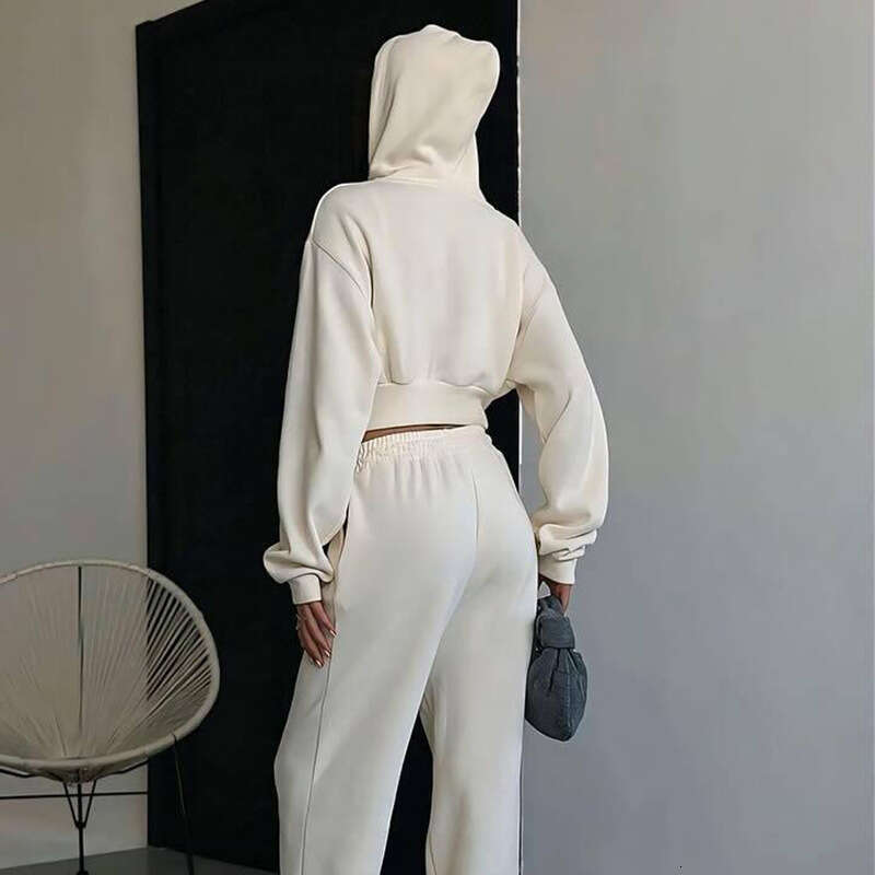 Autumn New Casual Women's Long Sleeve Zipper Hooded Sweatshirt Solid Color Drawstring Pants Two-Piece Set B5