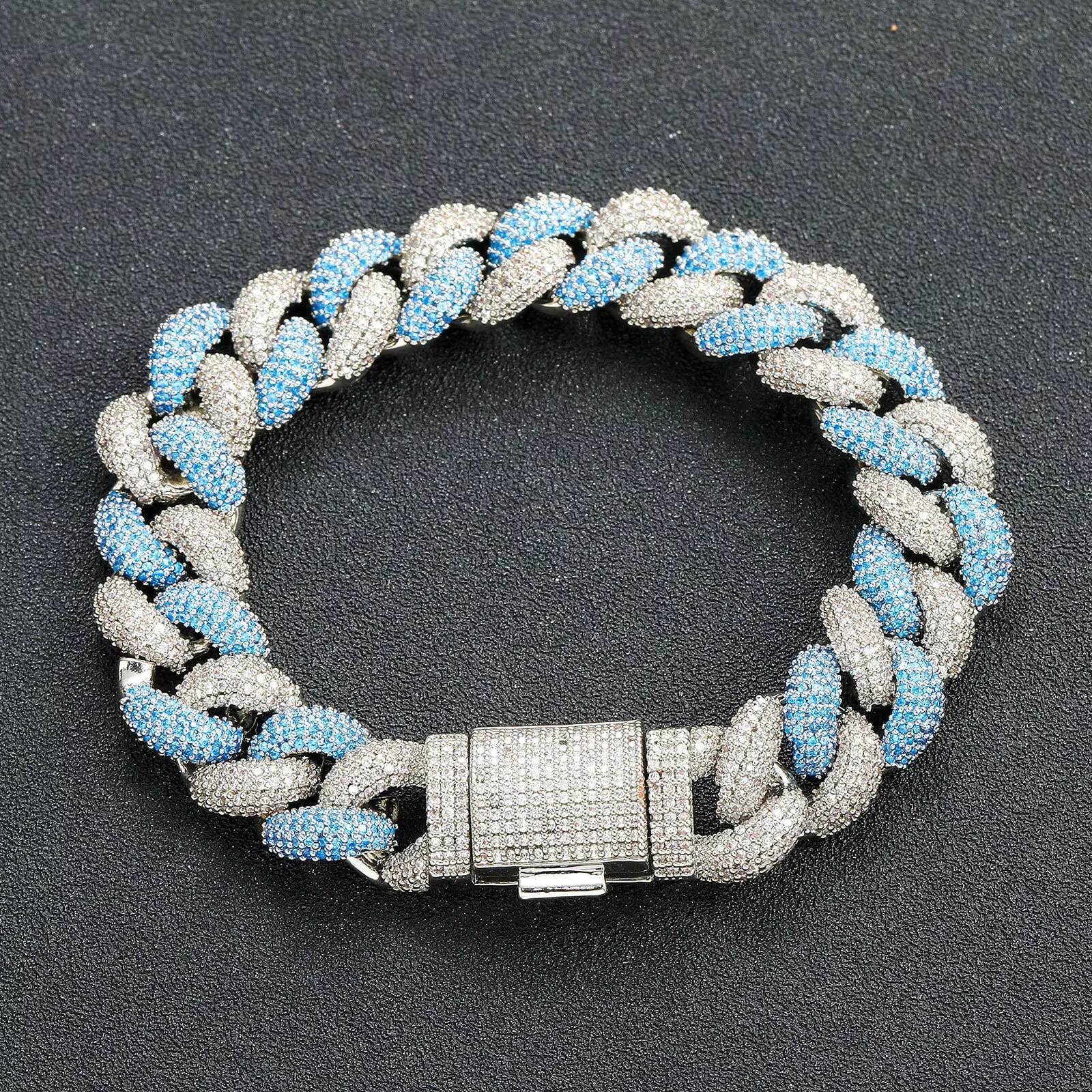 14MM Blue Stylish Streetwear Jewelry Brass Two Tone Iced Out Cuban Link Chain Necklace for Men