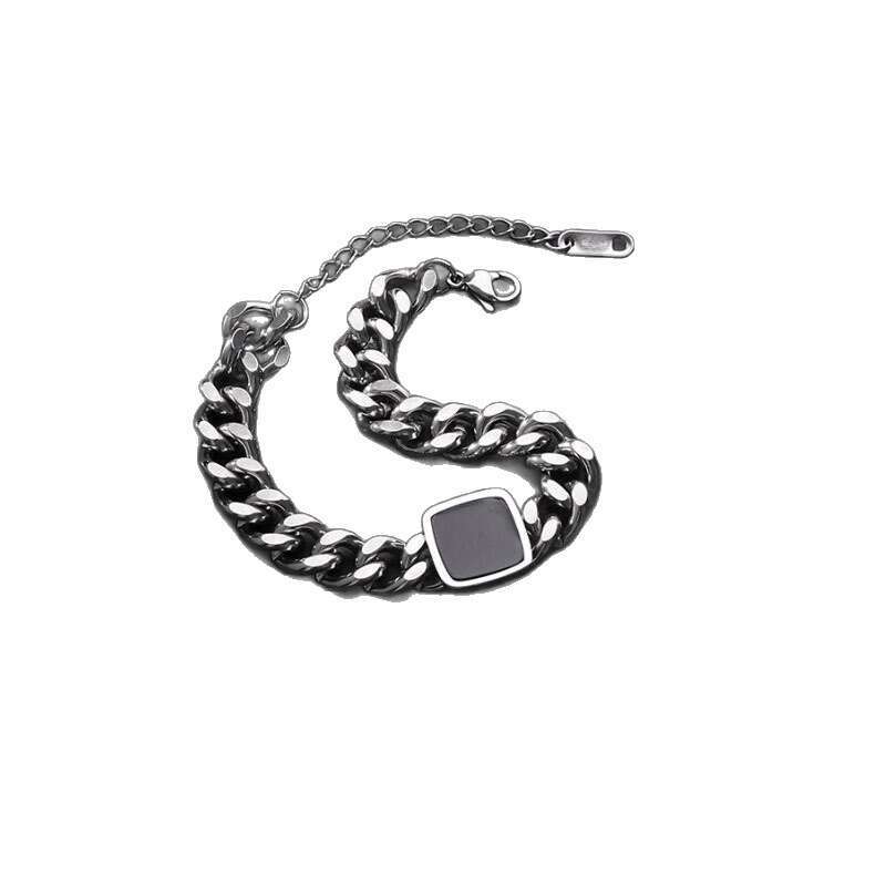 Hip-Hop Trendy Black Square Cuban Bracelet for Men, Niche High-End Feel, Versatile Non-Fading Jewelry, Couple Accessories Trend