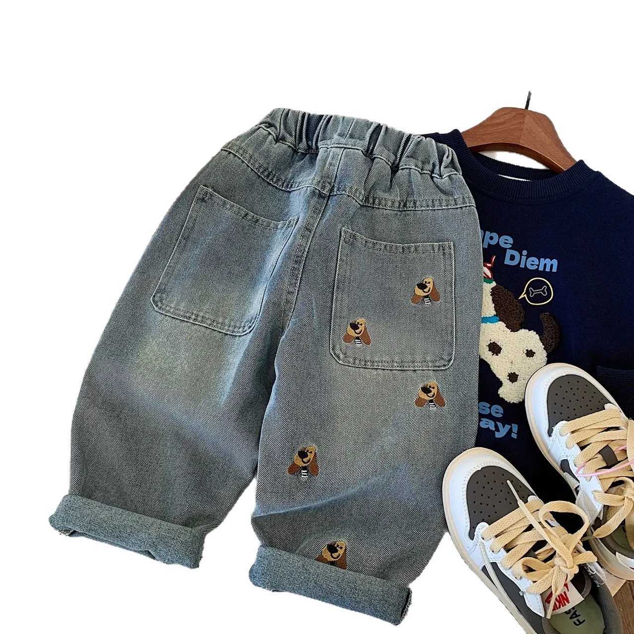 Spring Autumn 2025 Boys Girls New Cartoonembroidered Light Blue Casual Radish Jeans Childen Harem TrousersT251017