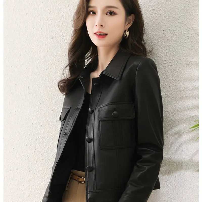 Korean Women Large Size 4XL PU Leather Jacket 2025 Femme Highgrade Faux Leather Coat Spring Autumn Lady Long Sleeve Leather TopT251017
