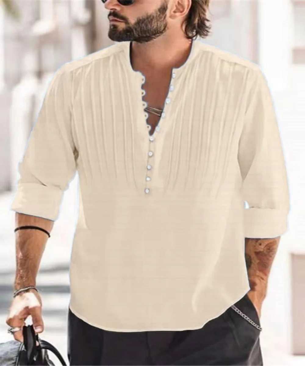 Mens shirt Long Sleeve Spring And Fall AllCotton Pleated Vneck Trend Business Casual Loose Pullover J251017