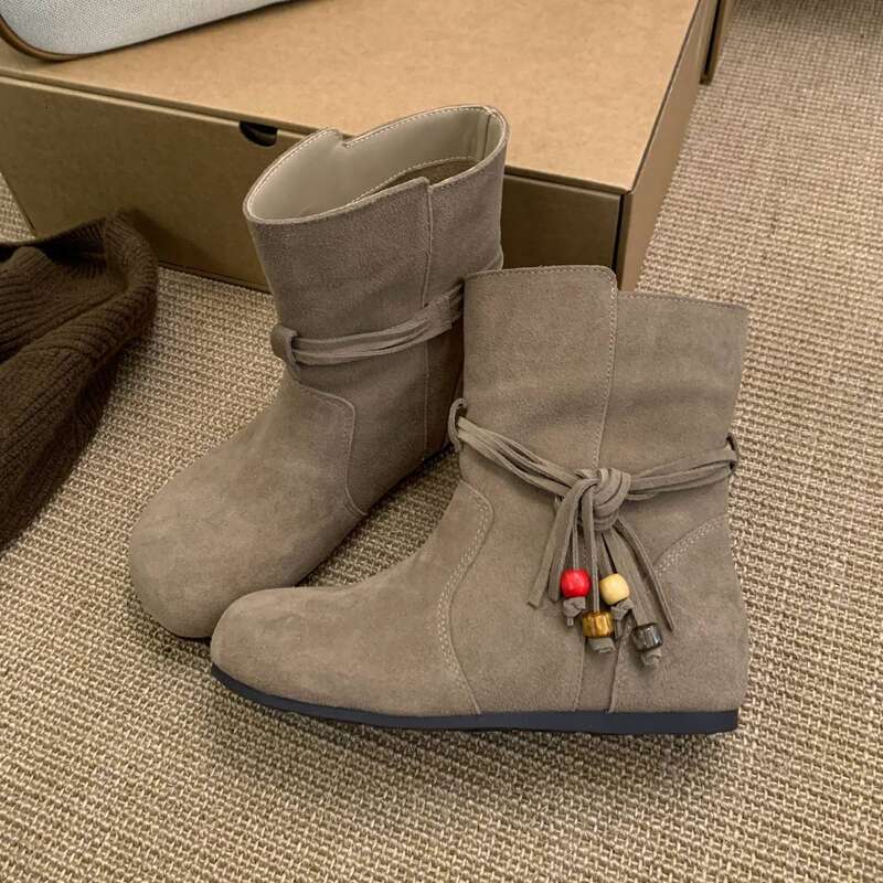 Cameido Women Suede Flat Short Round Toe Vintage Western Beaded Tied Fringed Boots For Autumn And Winter