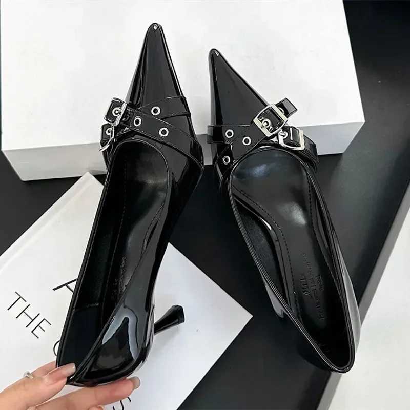 Elegant Patent Leather Metal Belt Buckle Designer Women Pumps Sexy Pointed Toe Thin High Heels High Quality Mary Jane Mules Shoe Z251015