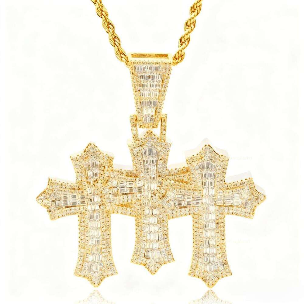 Hip Hop New Style Sterling Sier Sparkle VVS Iced Out Men Moissanite Jewelry Pendant Chain Link Triple Cross Charm