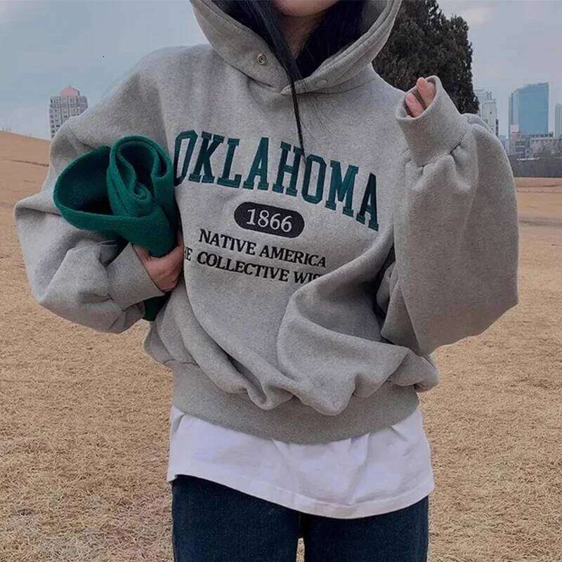 Retro Embroidered Print Fce Lined Long Sve Hoodie Women's Chic Autumn Winter Versatile Small Size Hooded Sweatirt