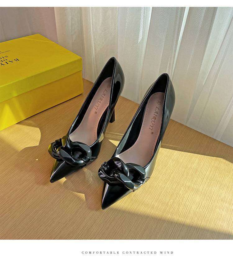 Plus Size Women Shoes Leather Fashion Chain Pointed Toe Shallow Mouth All-Match High Heel Shoes