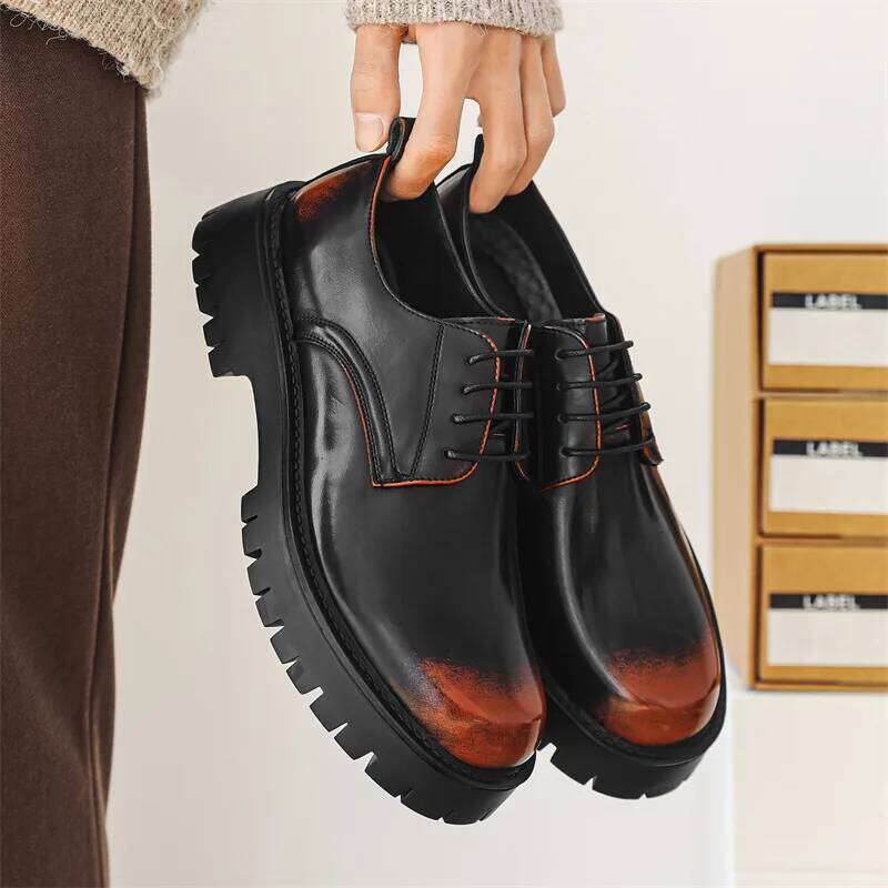 Men's Business Derby Trendy Mens Lace-up Thick Sole Heightened Shoe Men Leather Casual Shoes