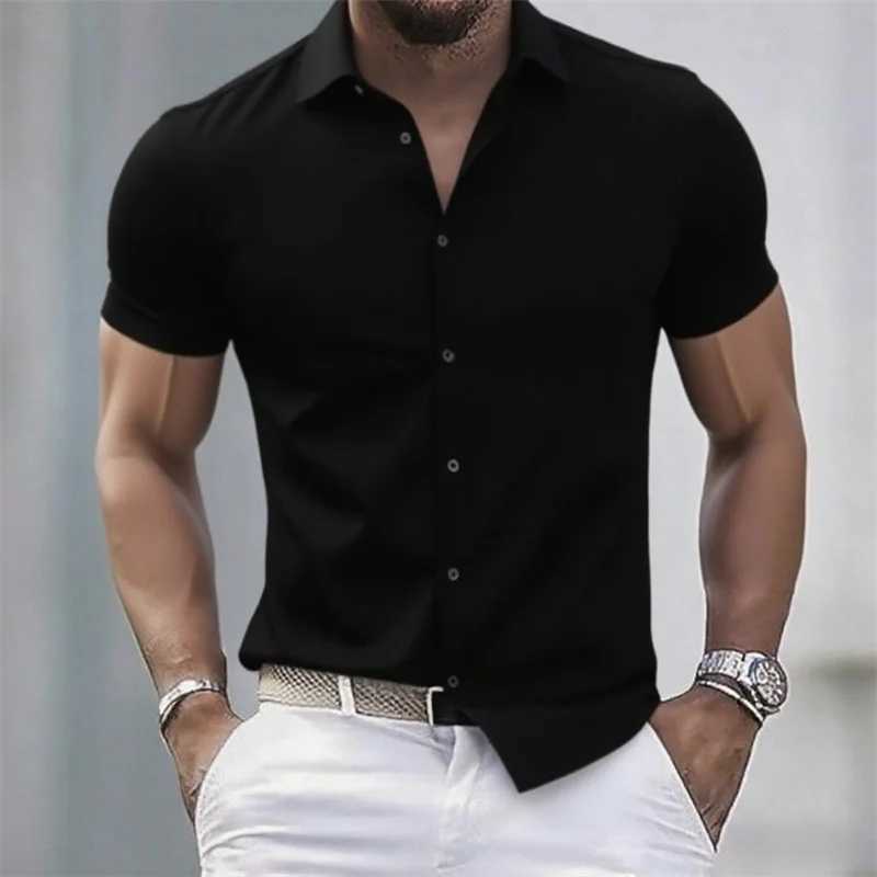 Solid color mens casual shirt fashionable casual short sleeve stretch fabric business formal shirt comfortable fabric J251017