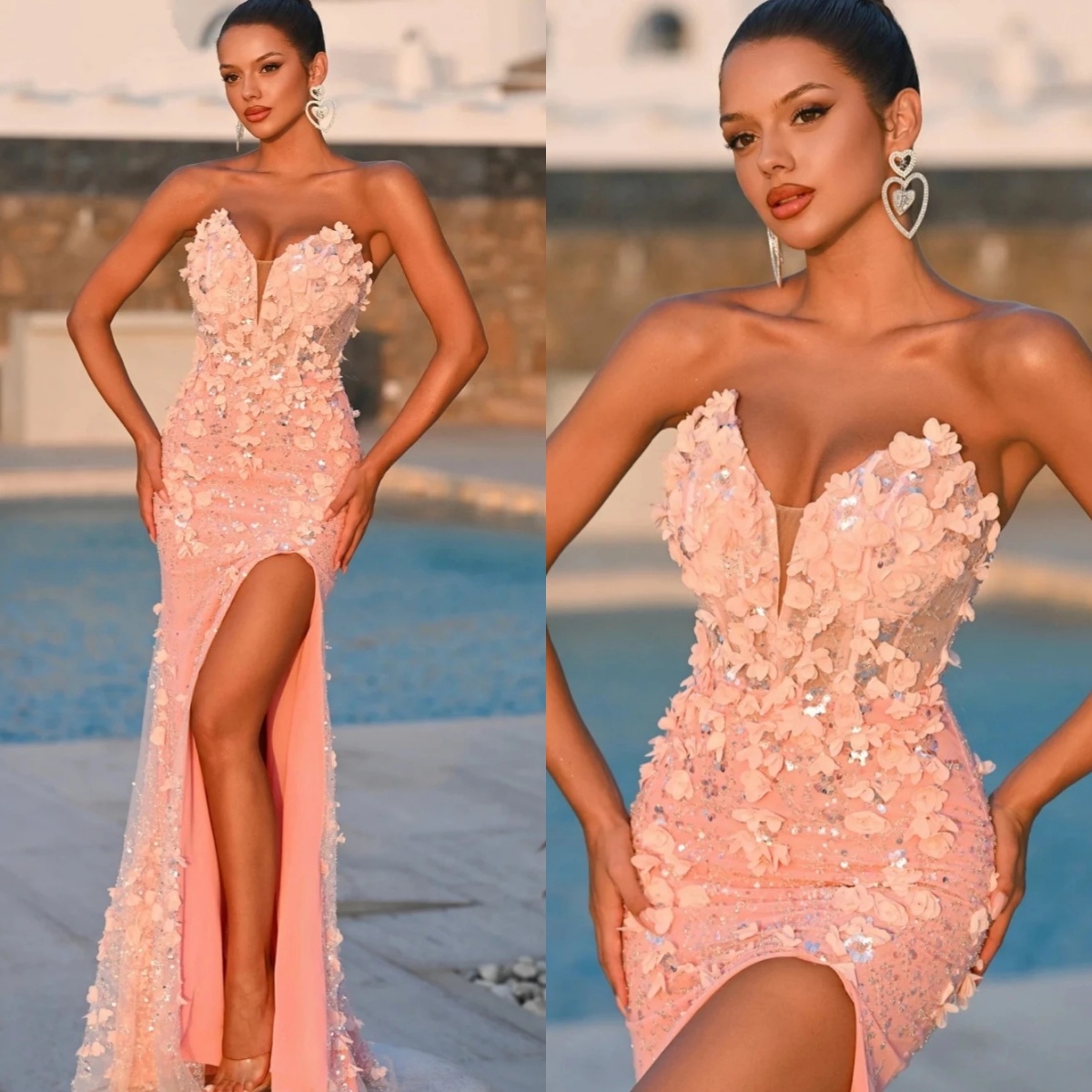 Fancy Appliques Mermaid Evening Dresses Sequins 3D Flowers Prom Dress Side Split Sleeveless Party Dress Customized Vestidos de noche Plus Size