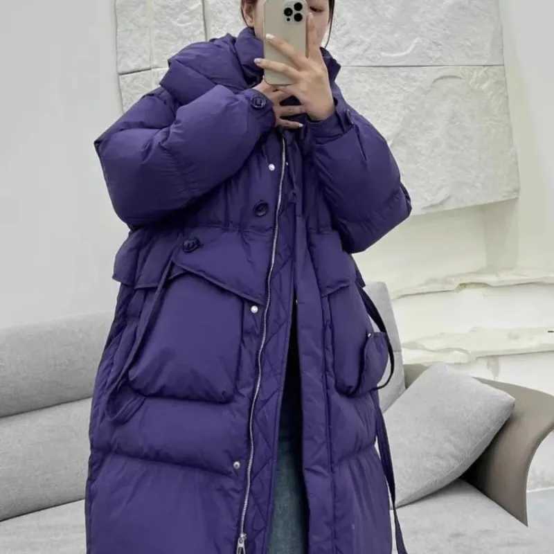 Winter New Down Coat Women Mid Length White Duck Down Windproof Hood Loose Warm Lacing Solid Coat Parkas W251016