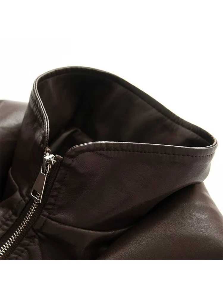 Autumn Winter Womens High Colar Pu Leather Jacket Retro Loose Sleeve Fashion Zipper Coat High Street Elastic Waist StreetwearT251017