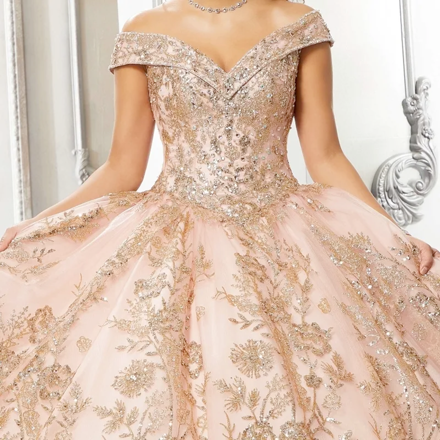 Rose Gold Shiny Ball Gown Quinceanera Dress 2025 Appliques Lace Beads Off Shoulder Sweet 15 16 Years Vestidos De XV Anos