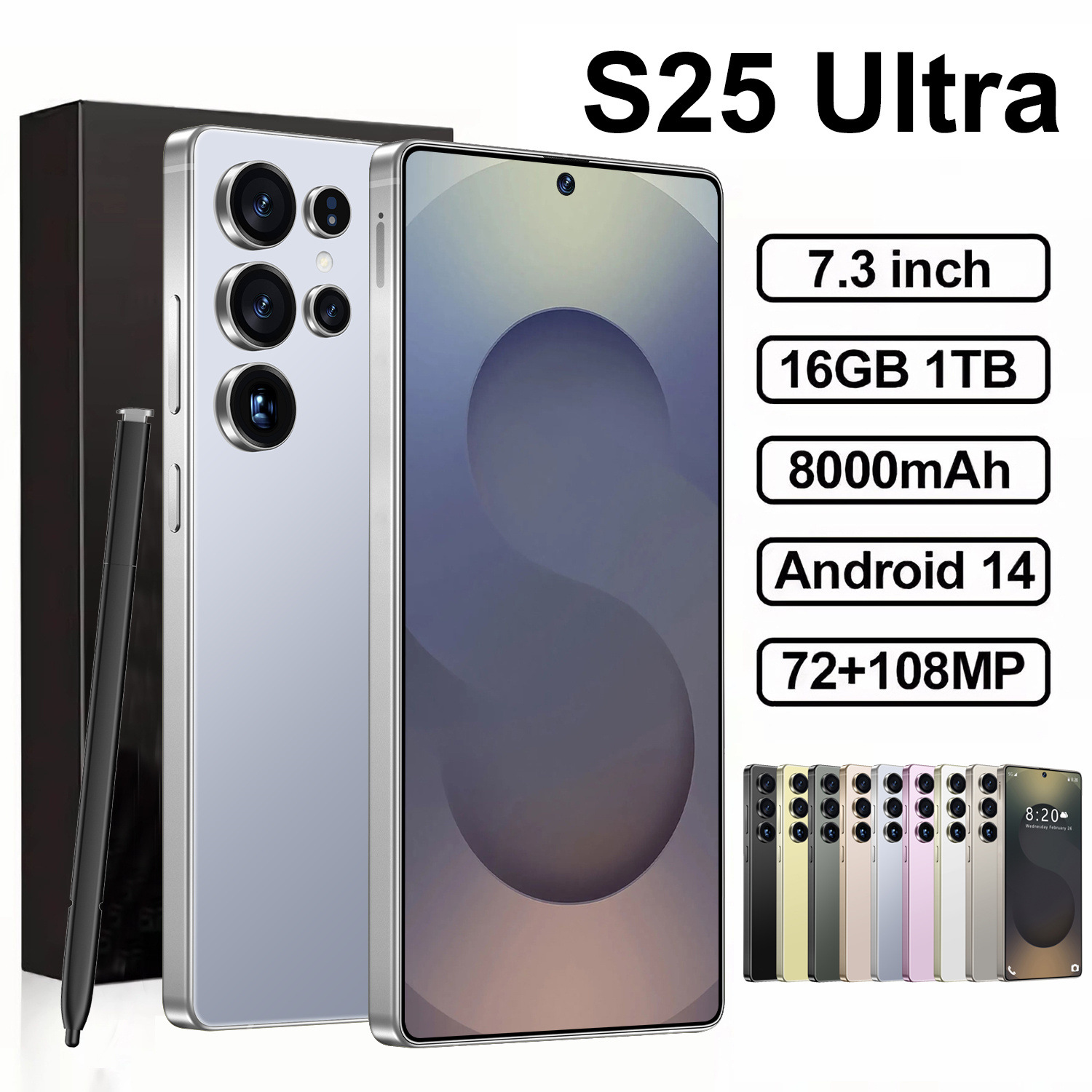 New S25Ultra Snapdragon 8 Gen3 10-core 7.3-inch perforated screen resolution 1440*3200 network 5G 16GB+1TB 72MP+108MP battery 8000mAh Android 15.0 Fas