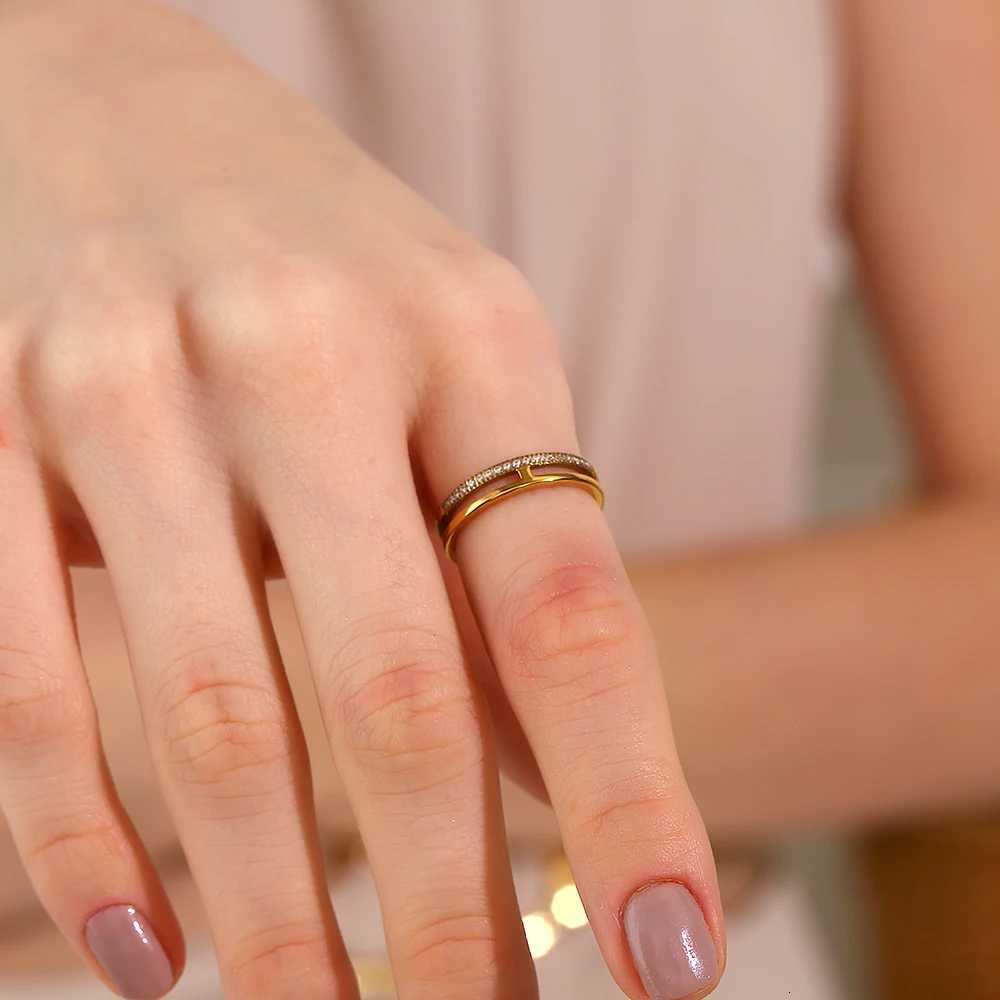 EBbelle Minimalist Style Double Layer Rhinestone Ring Basic Stack Jewelry Stainless Steel 18k Gold Plated For Girls Party Z251017