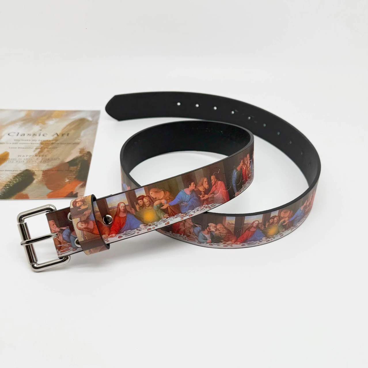 Faionable Retro Sle Last Supper Time Printed Belt High Street Leather Belt for Men And Women Youth Suitable PU Leather Belt 251010
