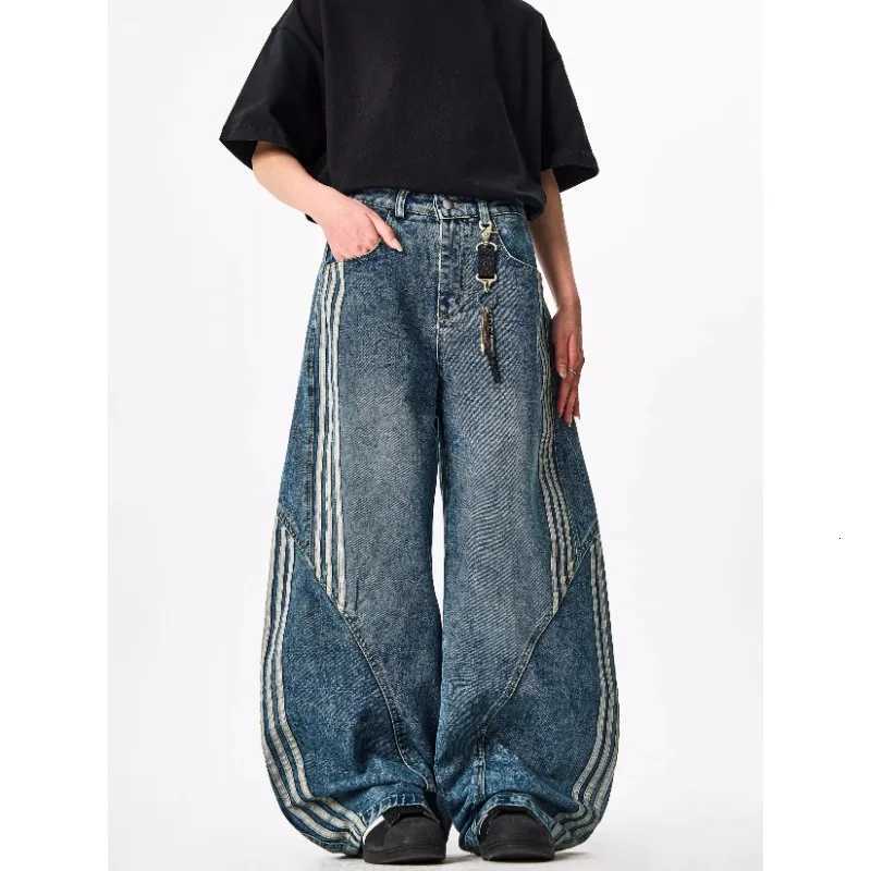Y2K Custom Women Jeans Vintage Reconstruction Denim Pants Wide Leg With Distressed Wash And Stripe Details1 Y251105