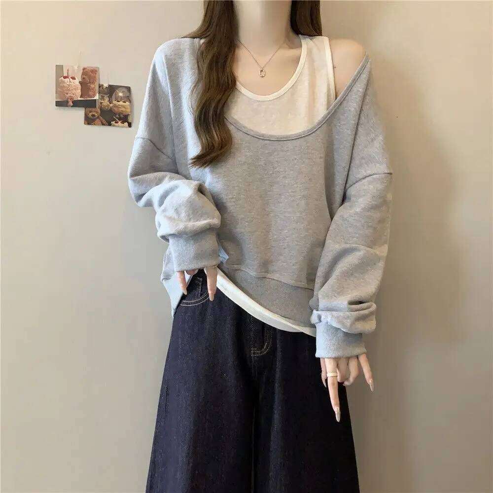 Shoulder Bared Oversized Women's Sweatshirt Pure Color Base Layer Two Piece Set New Arrival Autumn Season Princess Sleeve Rou...