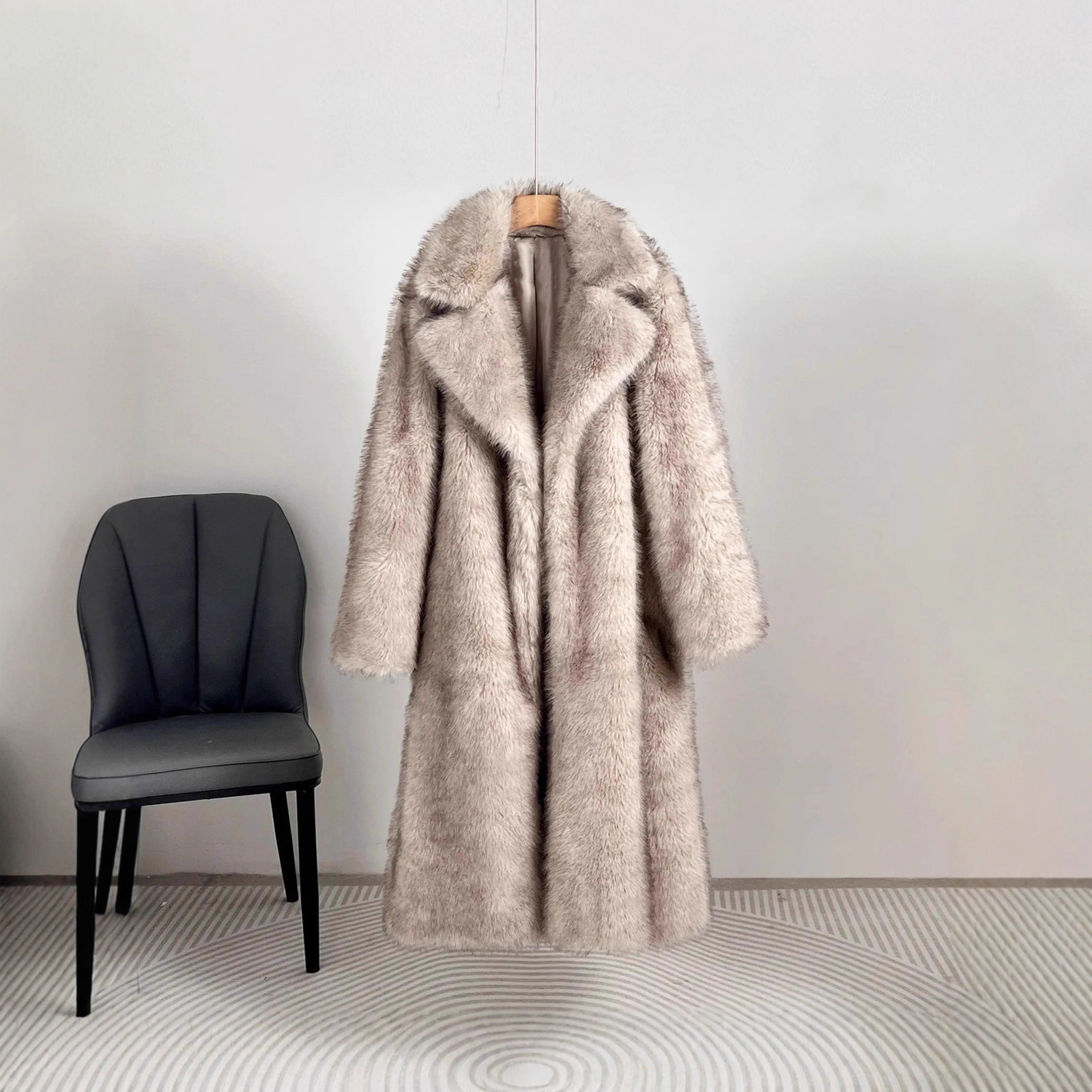 Autumn Winter Womens Long Faux Fur Coat with Suit Collar Faux Fur Coat Faux Fur Jacket