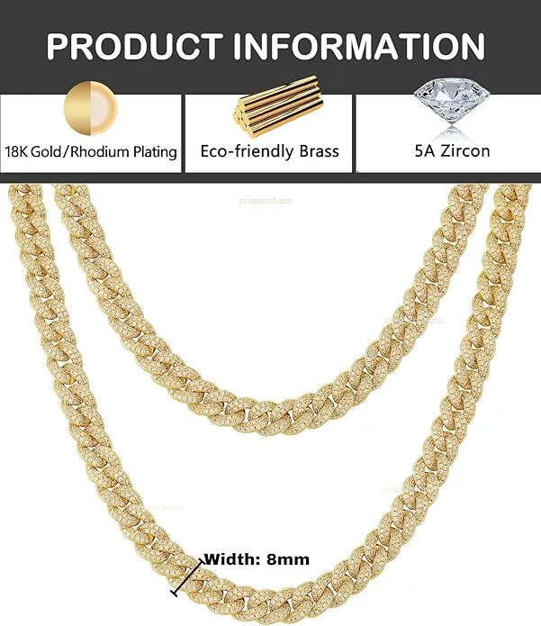 8MM/10MM/12MM/14MM/20MM Width Solid Cuban Link Chain Necklace /18/20/22/24Inches Length Hip Hop Neckalce Perfect Iced Out Bling Jewelry Gift Moissanit