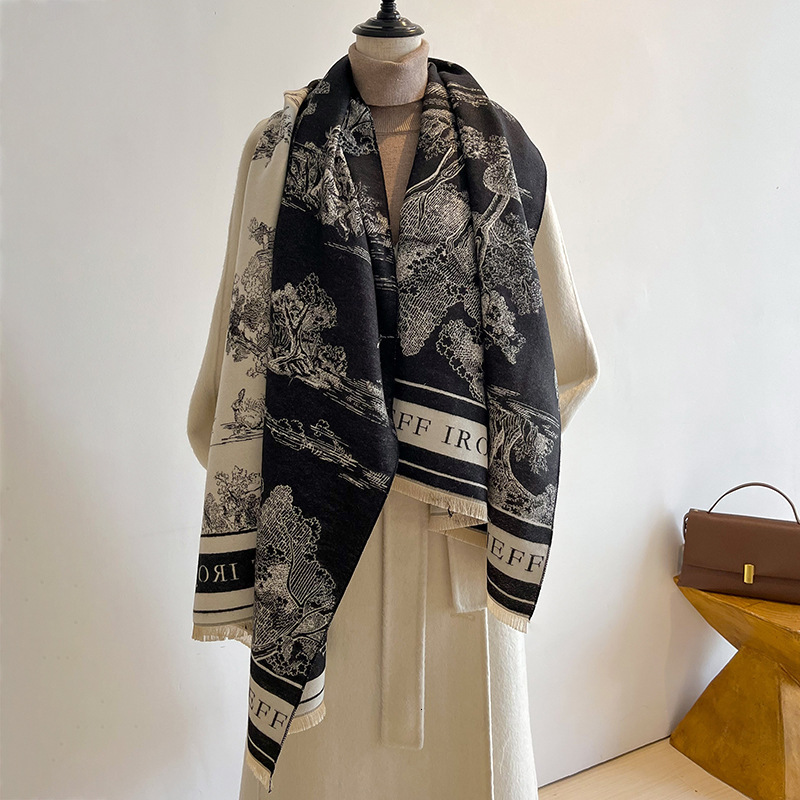 Same Style Scarf Landscape Painting Winter New Neck Warmer Women Imitation Cashmere Warm Thickened