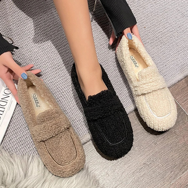 Ladies Lambswool Loafers Moccasins Femme Winter Cotton Shoes Women Warm Plush Slip On Curly Furry Sheep Fur Flats 251013