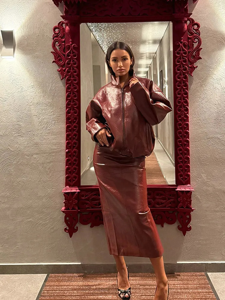 Vintage Biker Leather Jacket Skirts Suit Womens Zipper Long Sleeve Coats High Waist Skirt 2025 Autumn Lady Two Piece Outfit 251013