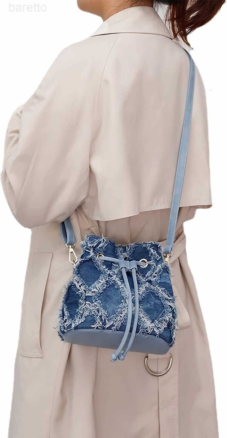 Womens Small Denim Bucket Purse Tiedyeing Quilted Distressed Shoulder Crossbody Bag Z251017