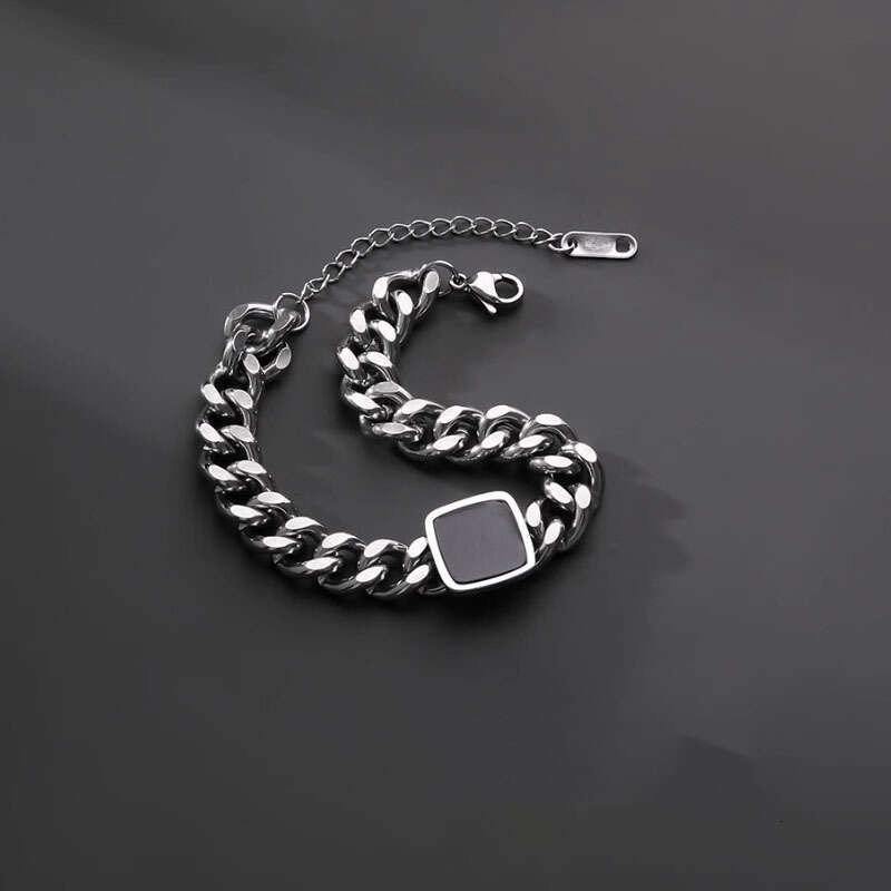 Hip-Hop Trendy Black Square Cuban Bracelet for Men, Niche High-End Feel, Versatile Non-Fading Jewelry, Couple Accessories Trend