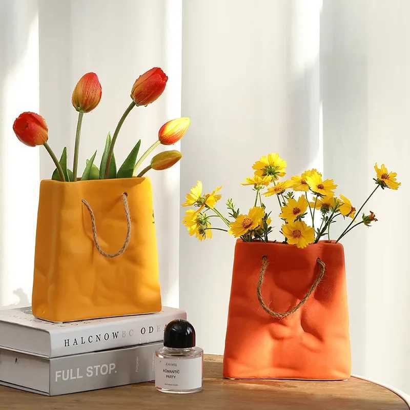 1Pcs Nordic Creative Shopping Basket ceramic Vase Bag Decoration Simple Dried Flower Arrangement Vase Table Decoration C251017