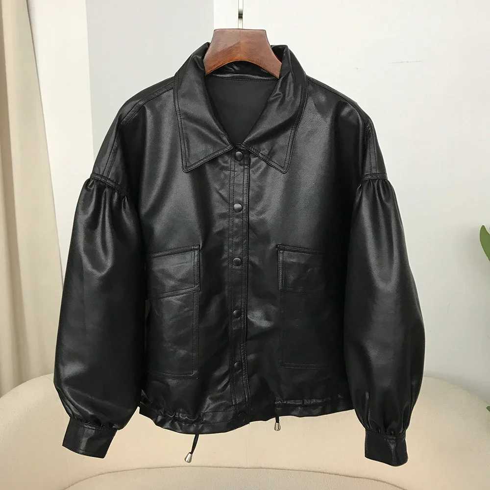 DEBAIFUR 2025 New Spring Autumn Korean Style Singlebreasted Short Leather Jacket Women Brown Loose Top Artificial Leather PUT251017