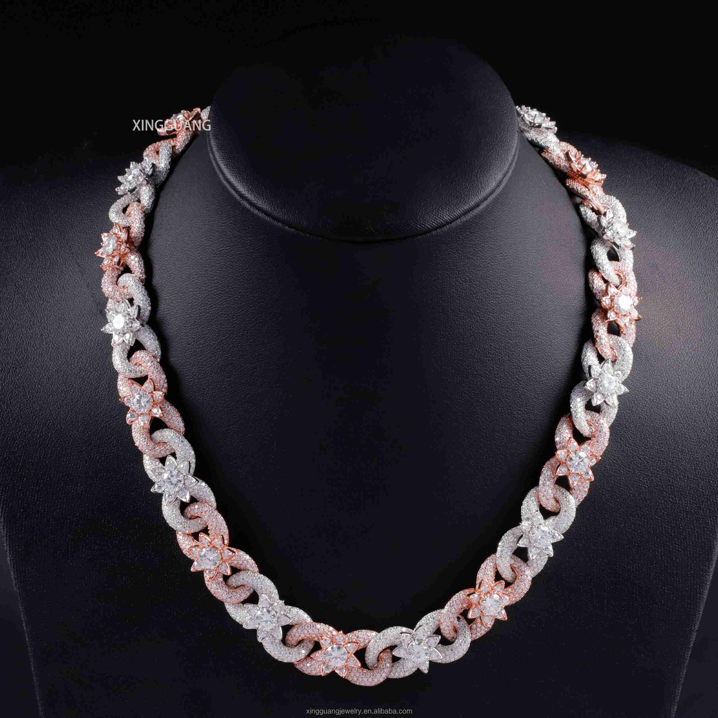 XingGuang Pass Diamond Test VVS Moissanite Cuban Lidynamic Chain Flower Shape Solid Silver Chain Hip Hop Jewelry Necklace