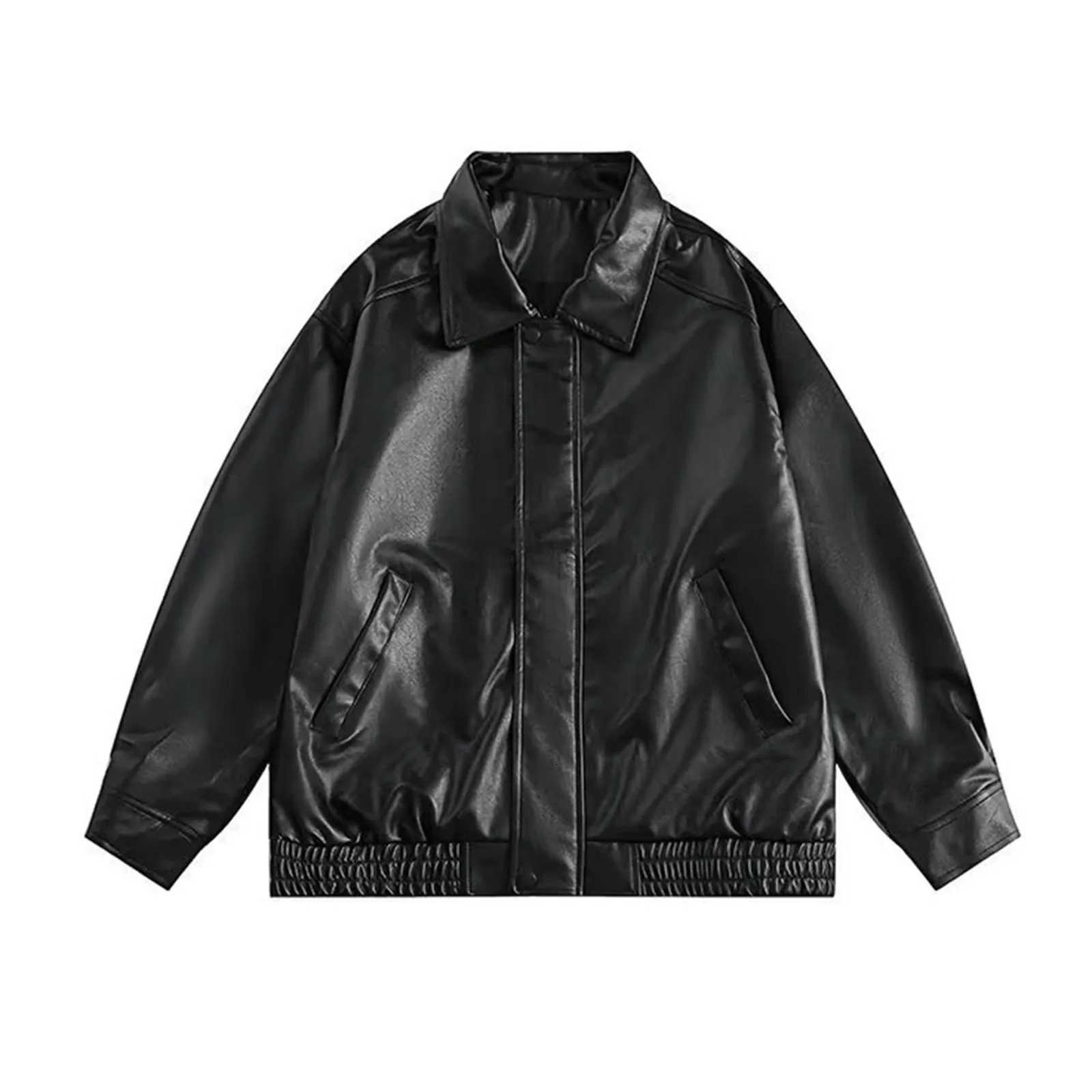 Oversize Black PU Leather Jackets Womens Dropped Shoulder Zip Up Button Down Motorcycle Coats Outwear Streetwear Bomber JacketsT251017